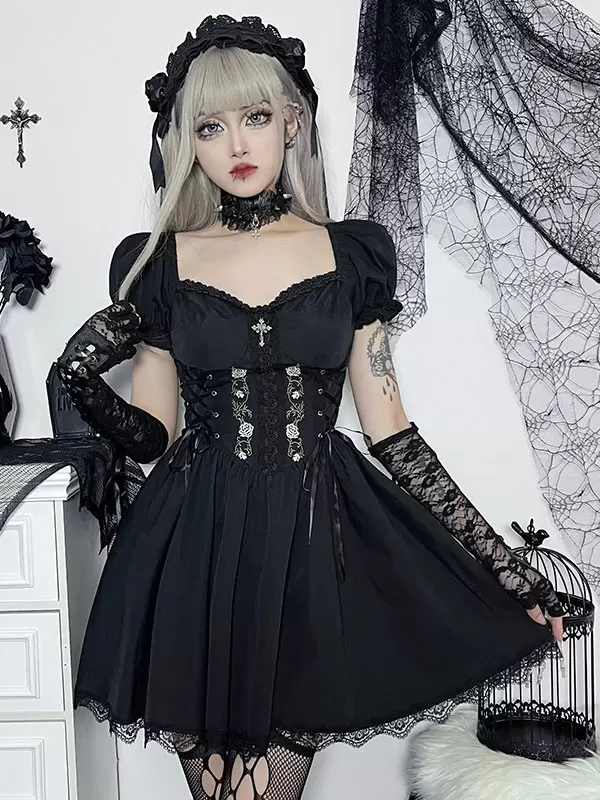 Gothic Dress Off The Shoulder Short Sleeves Lace Trimed Lolita Short Dress - Image 3