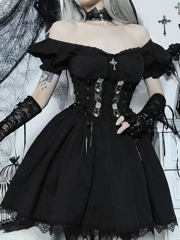 Gothic Dress Off The Shoulder Short Sleeves Lace Trimed Lolita Short Dress - Image 2