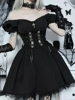 Gothic Dress Off The Shoulder Short Sleeves Lace Trimed Lolita Short Dress