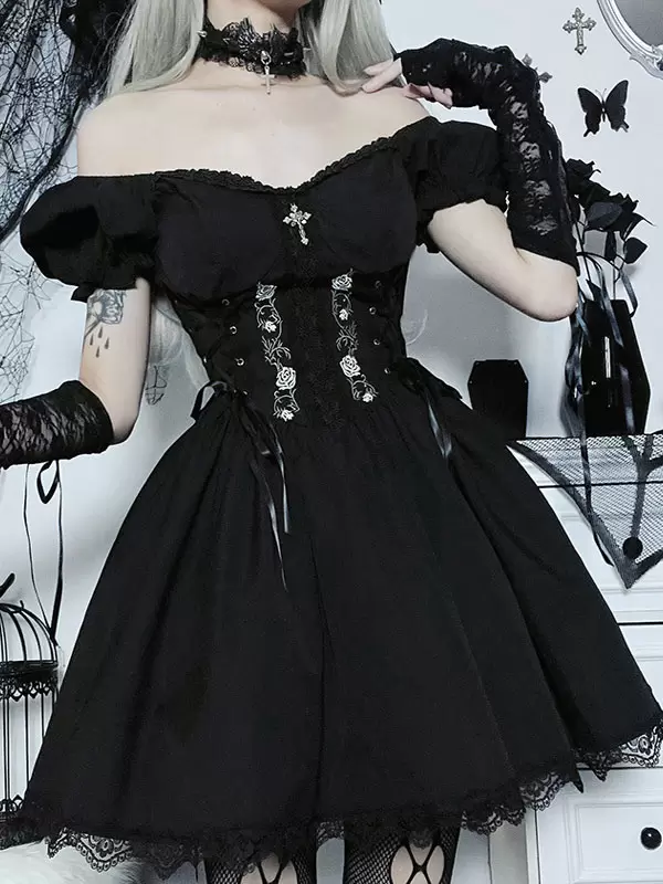 Gothic Dress Off The Shoulder Short Sleeves Lace Trimed Lolita Short Dress