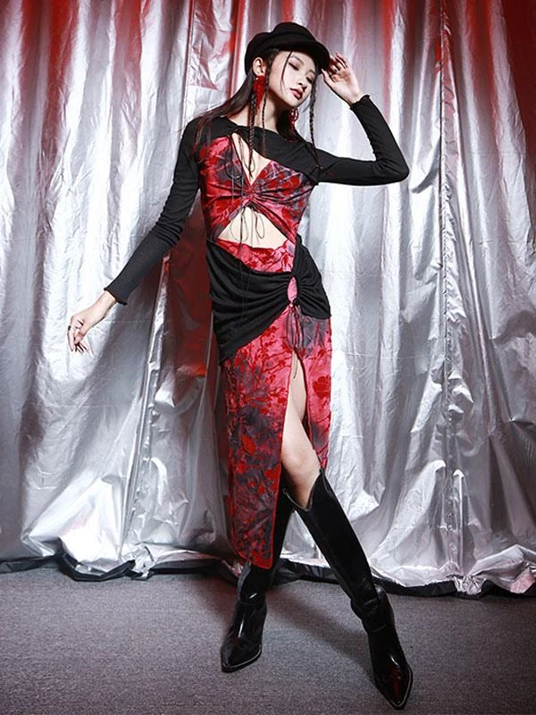 Gothic Lolita Dresses Lace Lace Up Floral Print Red Red - Image 2