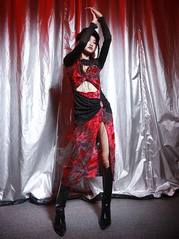 Gothic Lolita Dresses Lace Lace Up Floral Print Red Red