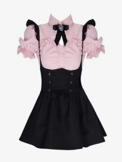 Gothic Lolita Outfits Black Lace Up Ruffles Short Sleeves Blouse Jumper
