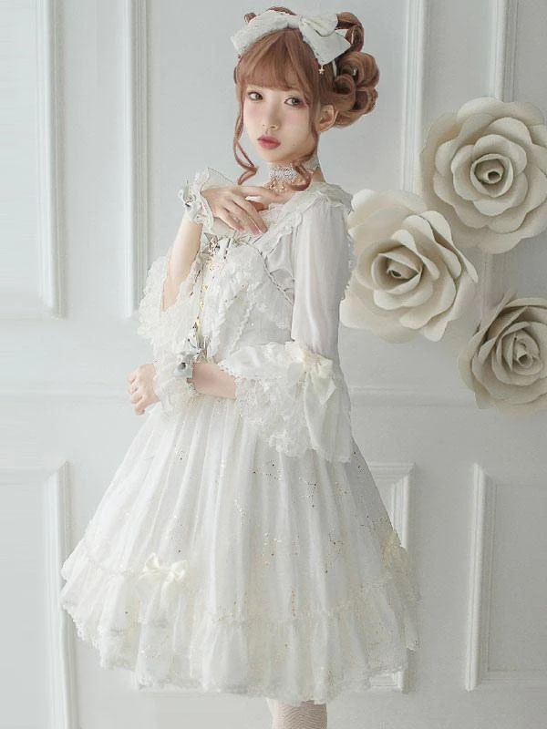 Steampunk Lolita Blouses Lolita Top Ruffles Bows Half Sleeves Blouse White Lolita Shirt - Image 2
