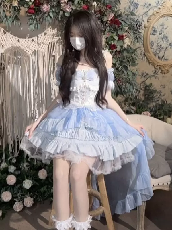 Gothic Lolita Dresses Lace Up Bows White Light Sky Blue - Image 10