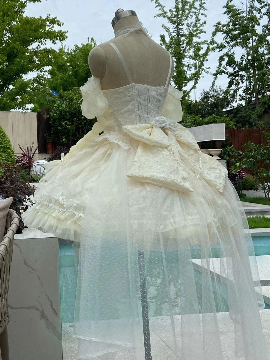 Sweet Ballet Lolita JSK Dress Ecru White Sleeveless Pearls Lace Lolita Jumper Skirts - Image 7
