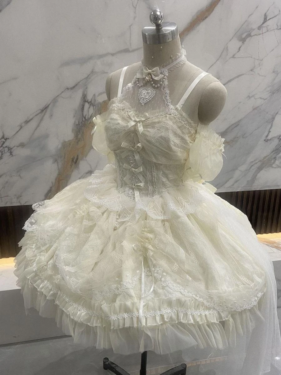 Sweet Ballet Lolita JSK Dress Ecru White Sleeveless Pearls Lace Lolita Jumper Skirts - Image 5