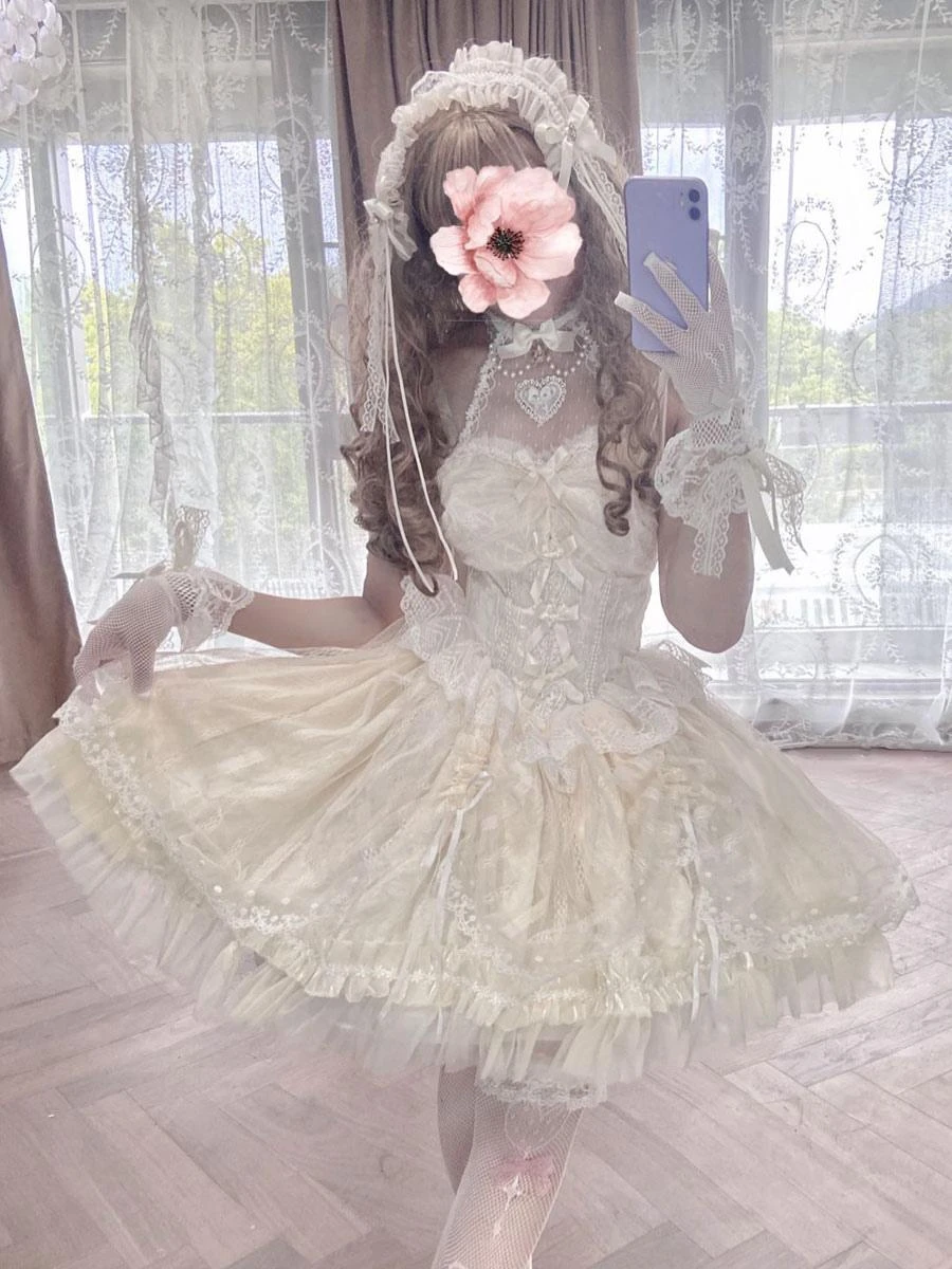 Sweet Ballet Lolita JSK Dress Ecru White Sleeveless Pearls Lace Lolita Jumper Skirts - Image 2