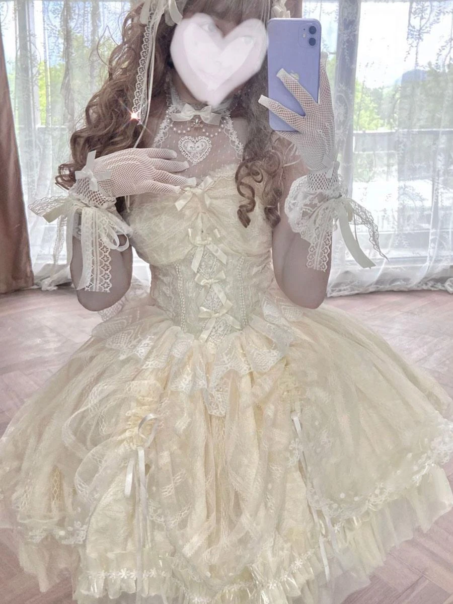 Sweet Ballet Lolita JSK Dress Ecru White Sleeveless Pearls Lace Lolita Jumper Skirts