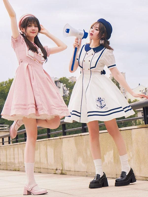 Sweet Lolita Dress Polyester Short Sleeves Embroidered Dress Navy Style Lolita Dress - Image 2