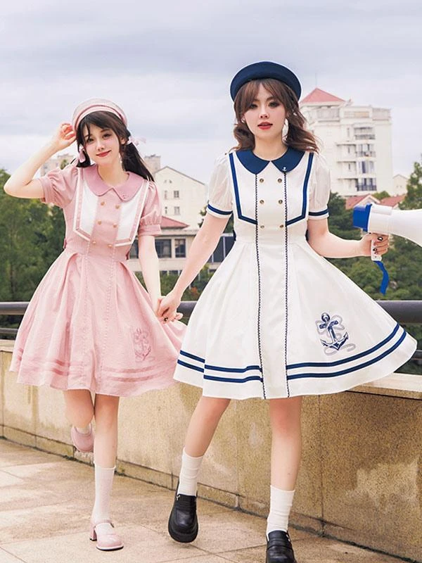 Sweet Lolita Dress Polyester Short Sleeves Embroidered Dress Navy Style Lolita Dress