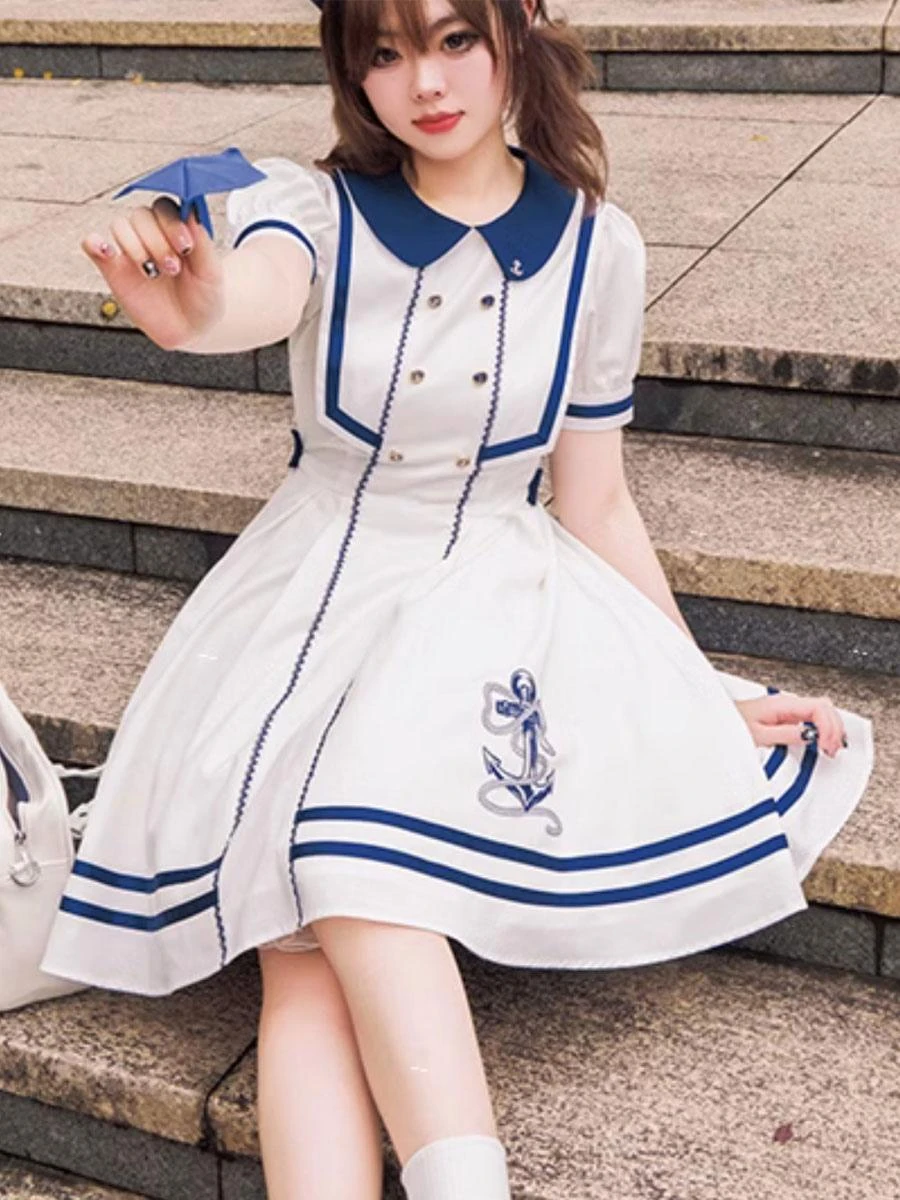 Sweet Lolita Dress Polyester Short Sleeves Embroidered Dress Navy Style Lolita Dress - Image 7