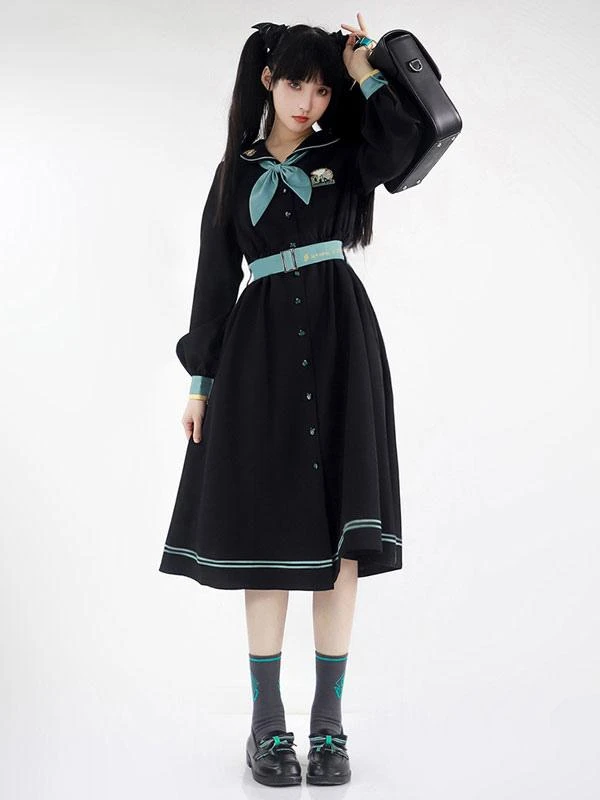Sweet Lolita Dress Polyester Long Sleeves Navy Style Lolita Dress - Image 5