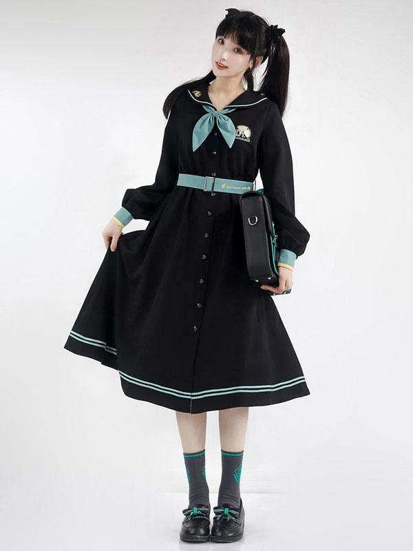 Sweet Lolita Dress Polyester Long Sleeves Navy Style Lolita Dress - Image 6