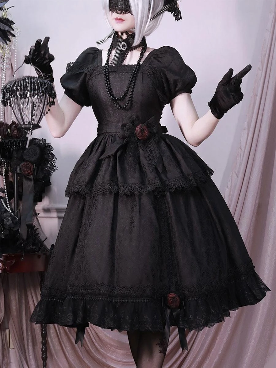 Gothic Lolita Dresses Ruffles Rose Black Black