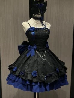 JSK Gothic Lolita Dresses Rose Ruffles Jacquard Blue Blue