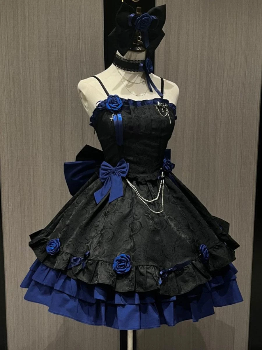 JSK Gothic Lolita Dresses Rose Ruffles Jacquard Blue Blue