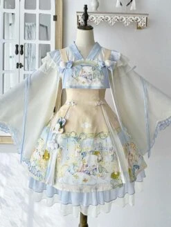 Sweet Lolita Outfits Baby Blue Jacquard Sleeveless Jumper Headwear Accessory
