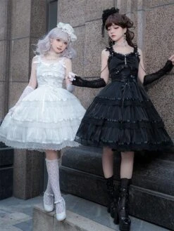 JSK Gothic Lolita Dresses Ruffles Chains White White