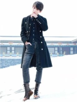 Steampunk Ouji Lolita Coats Black Coat Metal Details Overcoat Polyester Fall Lolita Outwears