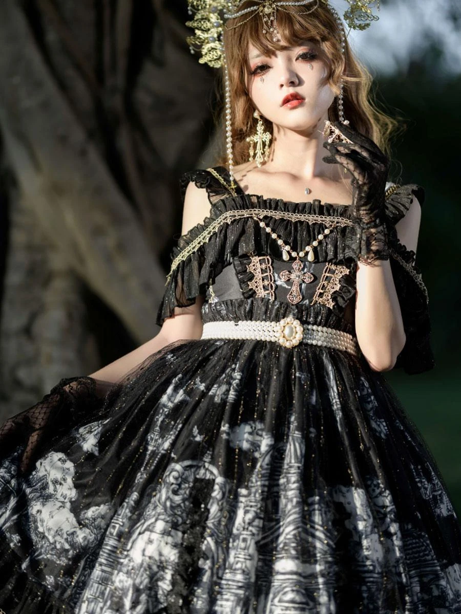 JSK Gothic Lolita Dresses Lace Ruffles Black White - Image 5