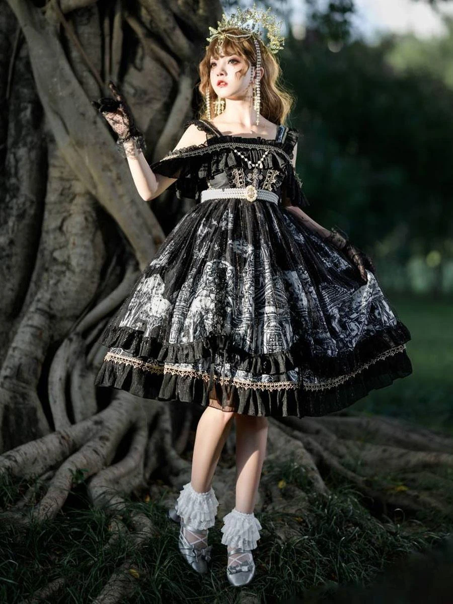 JSK Gothic Lolita Dresses Lace Ruffles Black White - Image 2