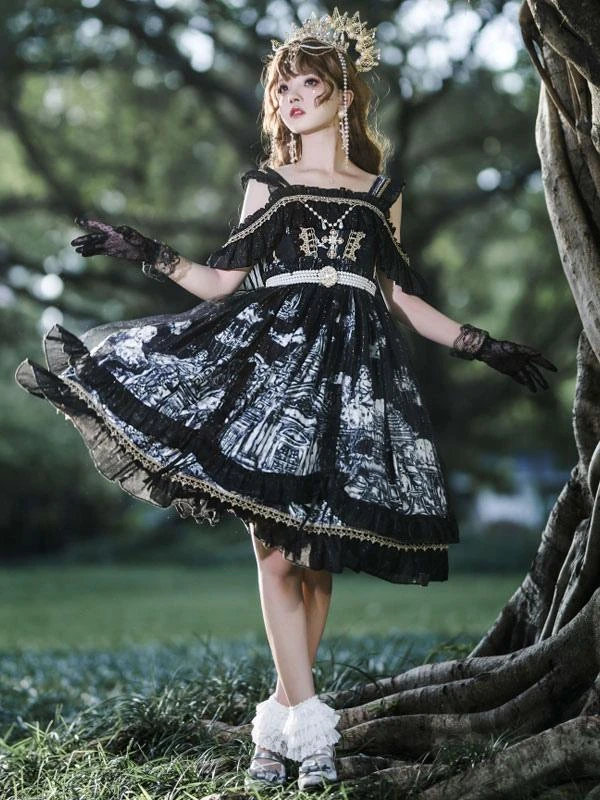 JSK Gothic Lolita Dresses Lace Ruffles Black White - Image 3