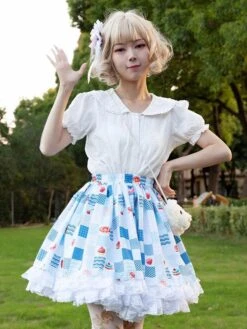 Harajuku Fashion Lolita SK Floral Print Light Sky Blue Ruffles Lolita Skirts