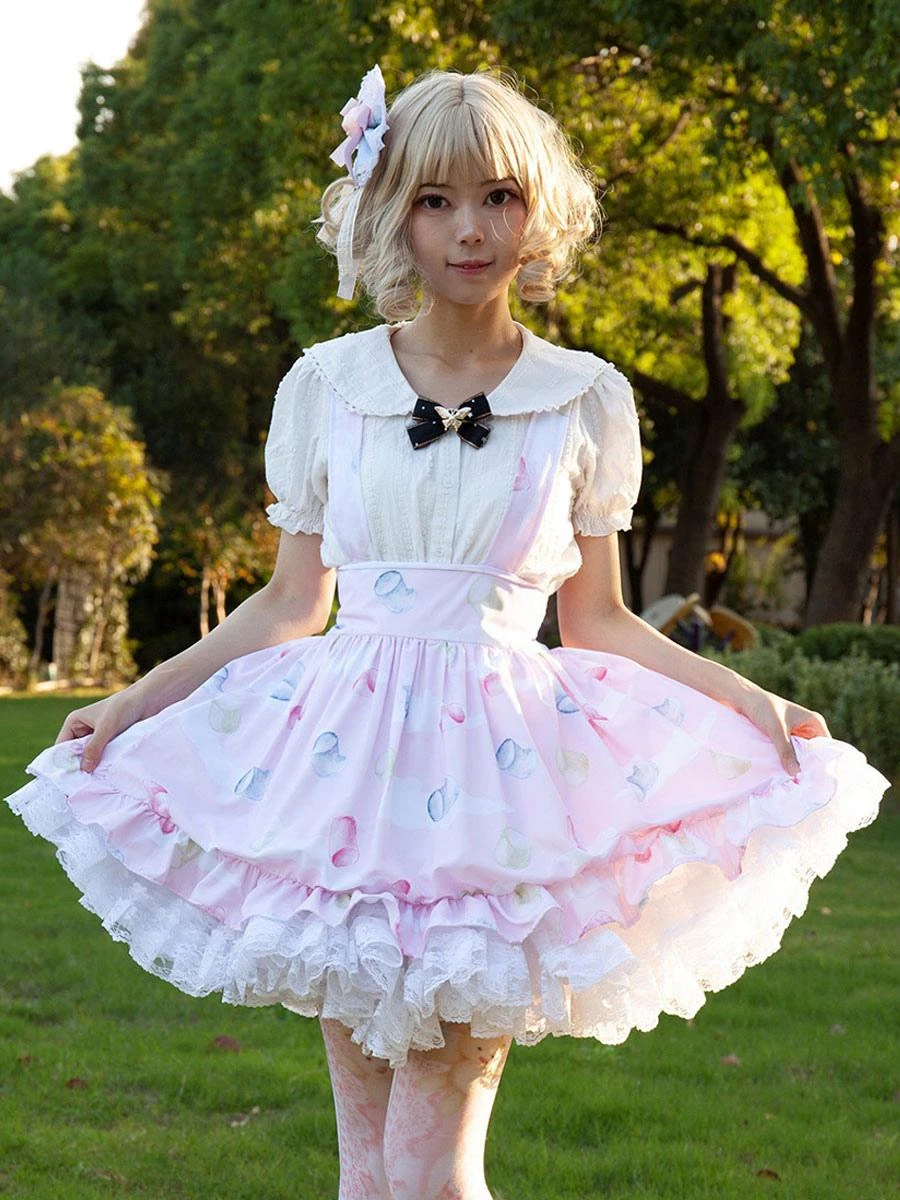 Harajuku Fashion Lolita SK Floral Print Soft Pink Ruffles Lolita Skirts - Image 4