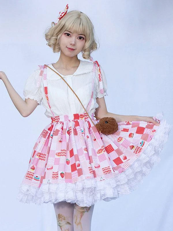 Harajuku Fashion Lolita SK Ruffles Red Floral Print Lolita Skirts - Image 3