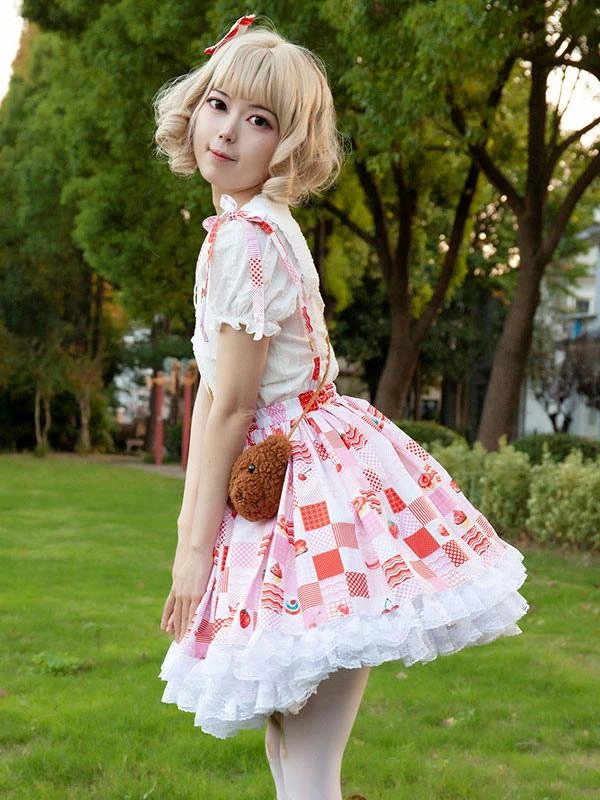 Harajuku Fashion Lolita SK Ruffles Red Floral Print Lolita Skirts - Image 5