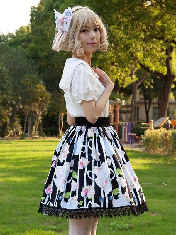 Harajuku Fashion Lolita SK Cardcaptor Sakura Floral Print Black Ruffles Lolita Skirts - Image 2