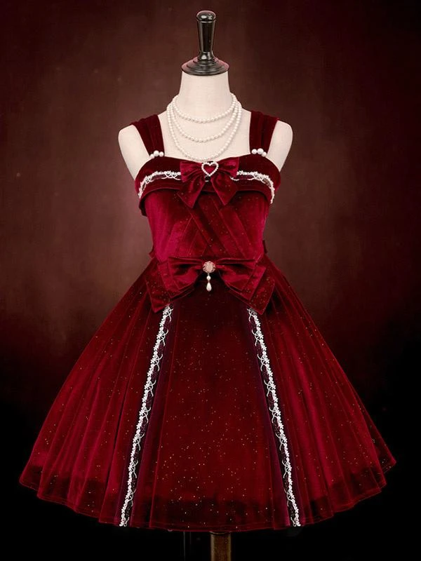 JSK Gothic Lolita Dresses Bows Lace Dark Green Burgundy - Image 8