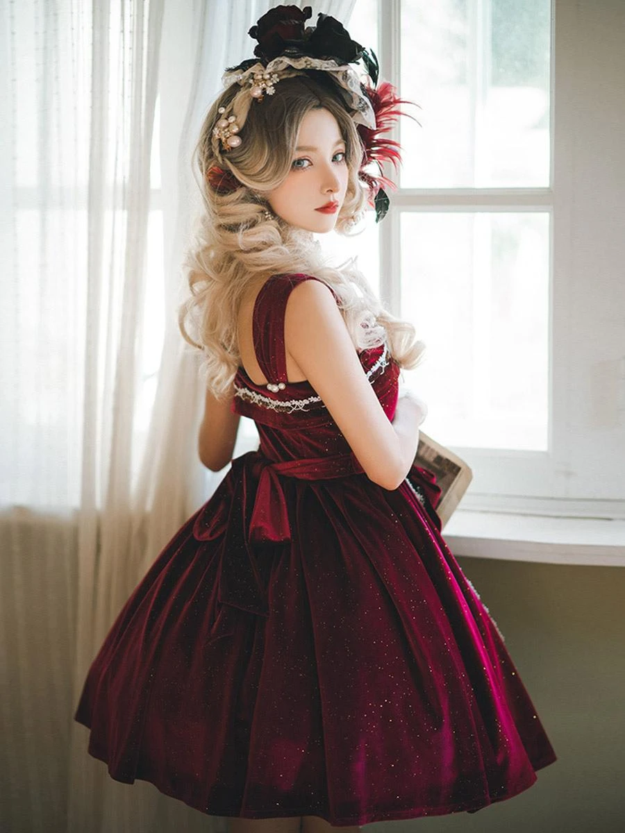 JSK Gothic Lolita Dresses Bows Lace Dark Green Burgundy - Image 5