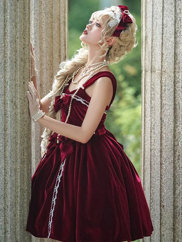 JSK Gothic Lolita Dresses Bows Lace Dark Green Burgundy - Image 4