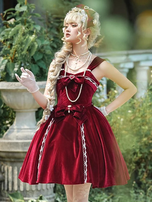 JSK Gothic Lolita Dresses Bows Lace Dark Green Burgundy - Image 3