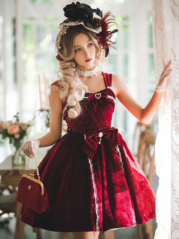 JSK Gothic Lolita Dresses Bows Lace Dark Green Burgundy