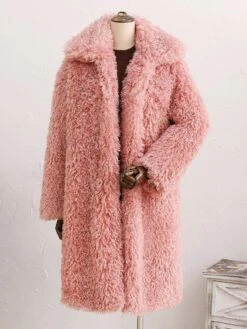 Faux Fur Coats Long Sleeves Casual Faux Fur Coat Oversized Turndown Collar Pink Winter Coat