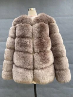 Faux Fur Coats Long Sleeves Casual Faux Fur Jacket Jewel Neck Camel Winter Coat