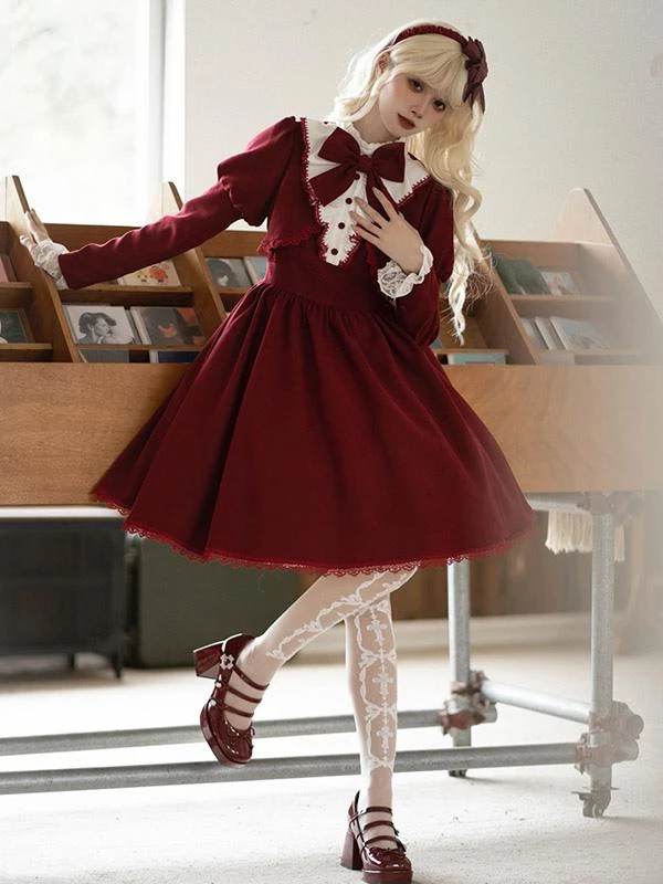 Gothic Lolita Dresses Bows Ruffles Burgundy Burgundy - Image 3