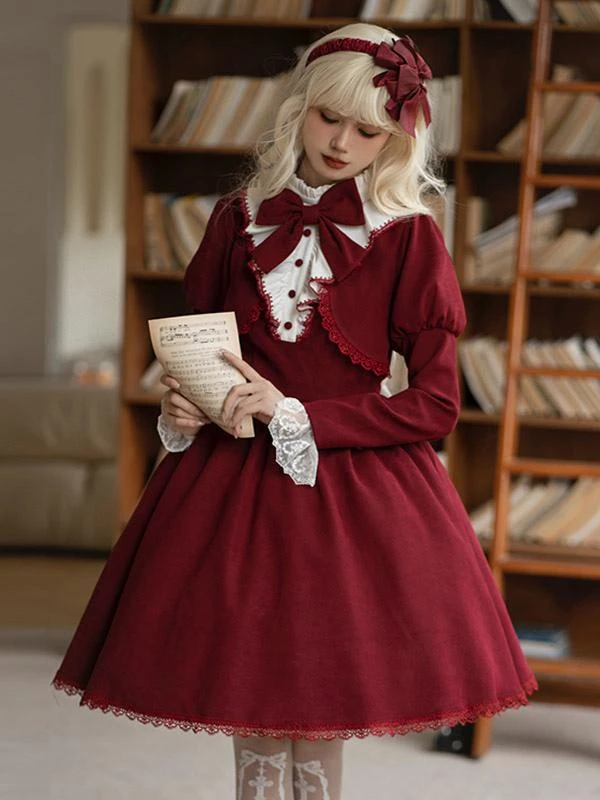 Gothic Lolita Dresses Bows Ruffles Burgundy Burgundy - Image 4