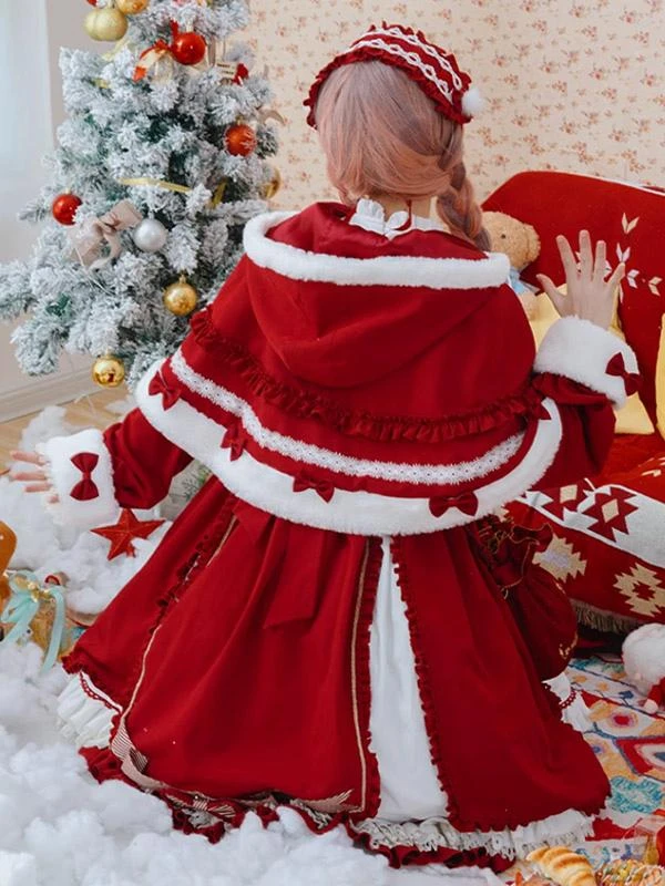 ROCOCO Style Lolita Cape Christmas Red Polyester Pom Poms Winter Lolita Outwears - Image 4