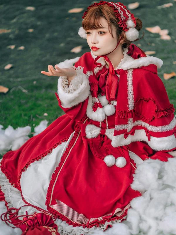 ROCOCO Style Lolita Cape Christmas Red Polyester Pom Poms Winter Lolita Outwears - Image 3