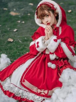 ROCOCO Style Lolita Cape Christmas Red Polyester Pom Poms Winter Lolita Outwears