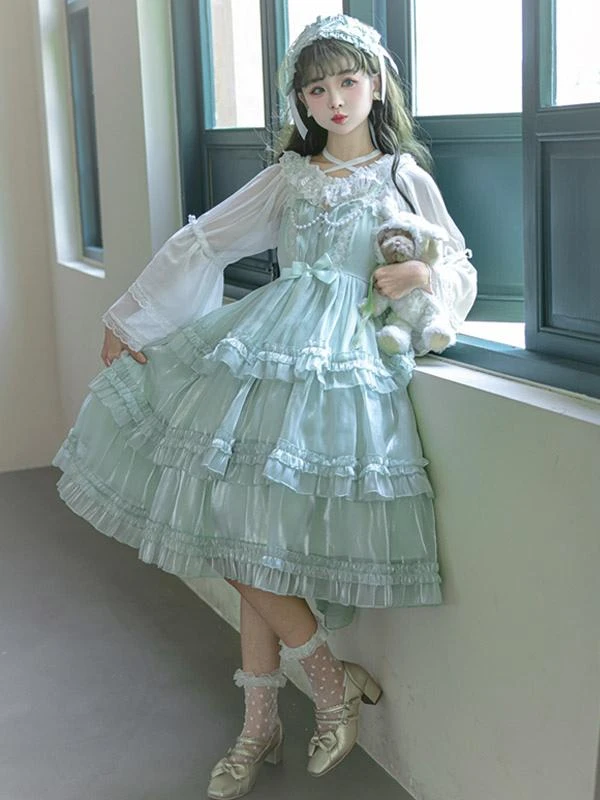 Lolita Dresses Tea Party Style Lolita Skirt Ruffles Sleeveless Polyester Sweet Light Green - Image 2