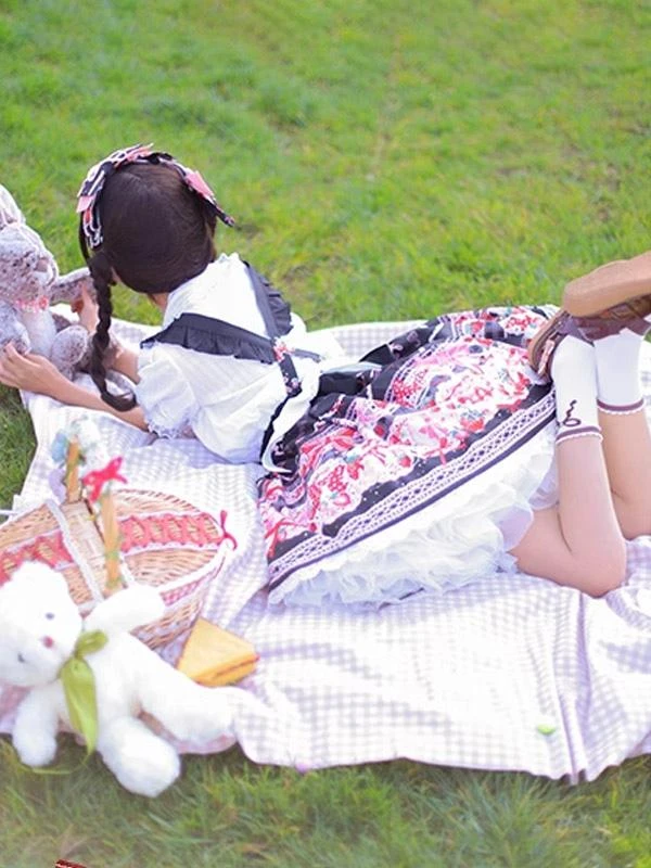 Sweet Lolita SK Bows Ruffles Black Floral Print Lolita Skirts - Image 4