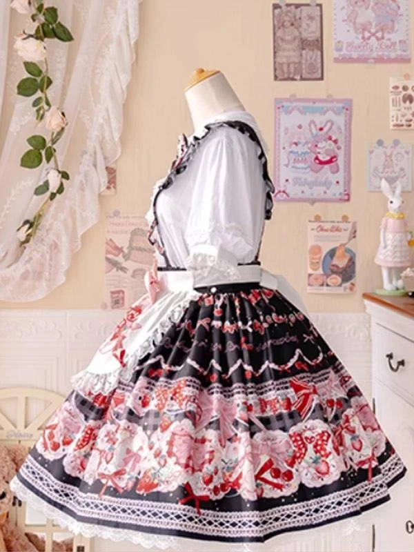 Sweet Lolita SK Bows Ruffles Black Floral Print Lolita Skirts - Image 6