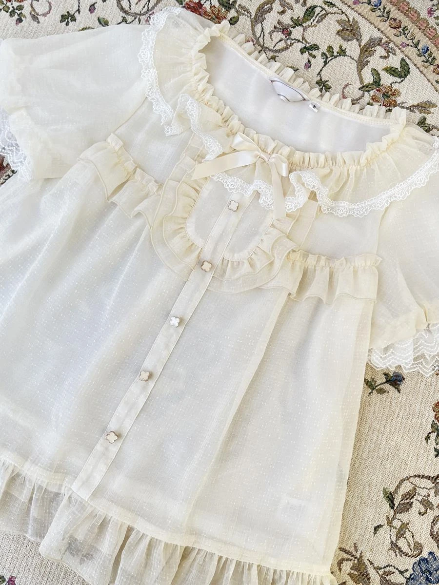 ROCOCO Style Lolita Blouses Black Short Sleeves Lace Ruffles Lolita Top Lolita Shirt - Image 2