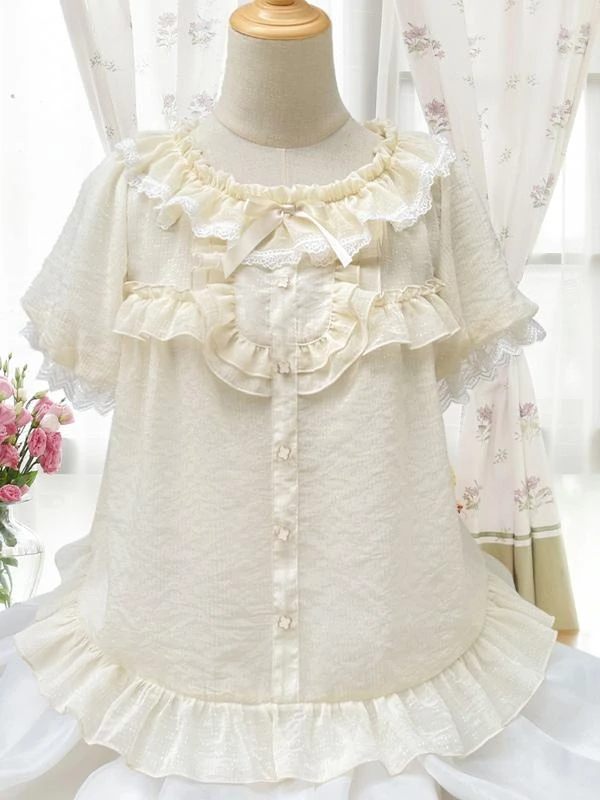 ROCOCO Style Lolita Blouses Black Short Sleeves Lace Ruffles Lolita Top Lolita Shirt