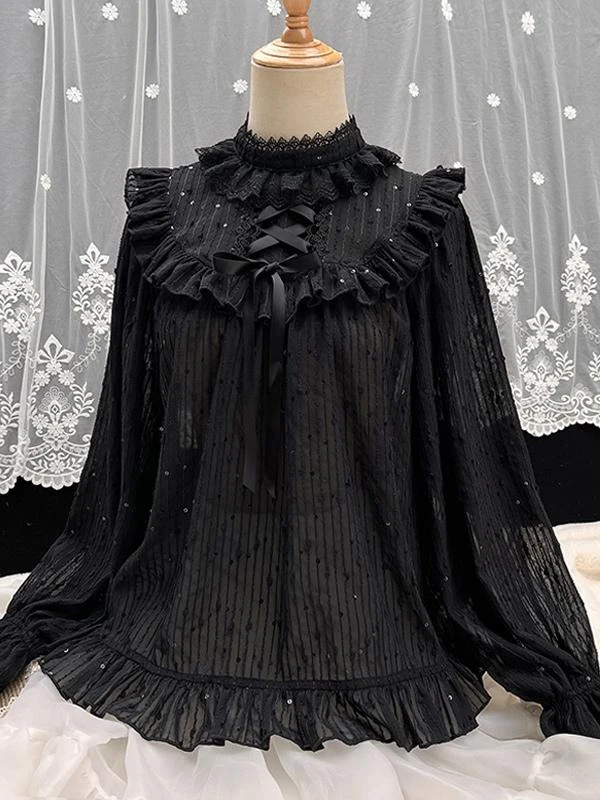 Sweet Lolita Blouses Apricot Long Sleeves Lolita Top Lace Ruffles Lolita Shirt - Image 2